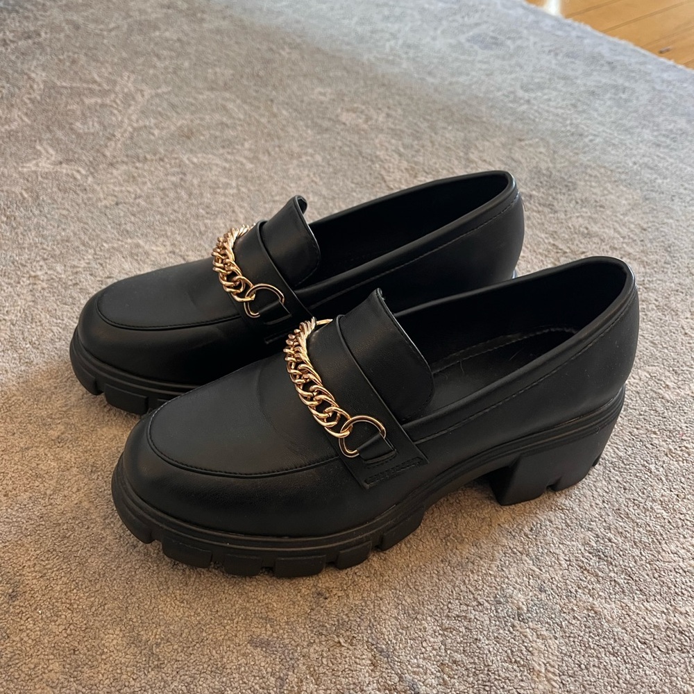 Black and gold chunky platform loafers